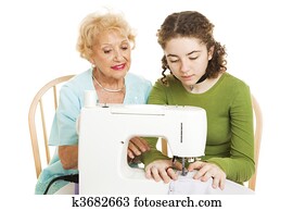 família, cosendo, lição