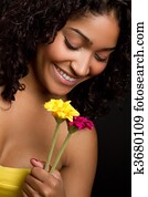 frau, riechen, blumen