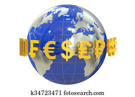 Globe with currency symbols