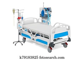 Intensive care unit, ICU. Medical ventilator, adjustable hospital bed and dropper. 3D rendering Intensive care unit, ICU. Medical ventilator, adjustable hospital bed and dropper. 3D rendering