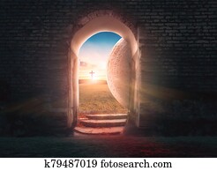 pascua, concept:, vacío, tumba, de, jesucristo, en, salida del sol, con, cruz, plano de fondo