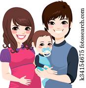 portrett, gravid, asian familie