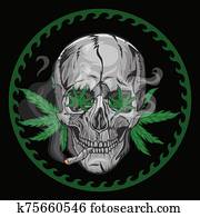 Skull smokes marijuana on a black background. Vector graphics. Skull smokes marijuana on a black background. Vector graphics.