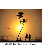 tropical, ocaso, playa