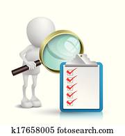 3d person watching a clipping note pad and check list with a magnifying glass 3d person watching a clipping note pad and check list with a magnifying glass