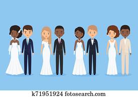 interracial, novia y novio, caricatura, characters., vector, illustration.