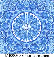 Watercolor gzhel. Doily round lace pattern, circle background with many details, looks like crocheting handmade lace, lacy arabesque designs. Orient traditional ornament. Oriental motif Watercolor gzhel. Doily round lace pattern, circle background with many details, looks like crocheting handmade lace, lacy arabesque designs. Orient traditional ornament. Oriental motif