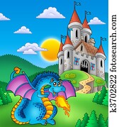 Big blue dragon with medieval castle Big blue dragon with medieval castle