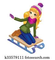 Blonde Girl Sledding In Winter Blonde Girl Sledding In Winter