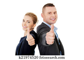 Business couple showing thumbs up