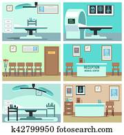Empty hospital, doctor office, surgery room, clinic vector interiors set