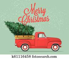 Merry Christmas and Happy New Year Postcard or Poster or Flyer template with pickup truck with christmas tree. Vintage styled vector illustration. Merry Christmas and Happy New Year Postcard or Poster or Flyer template with pickup truck with christmas tree. Vintage styled vector illustration.