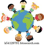 Multi ethnic group of kids standing around the earth Multi ethnic group of kids standing around the earth