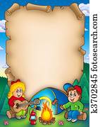 Old parchment with camping kids Old parchment with camping kids