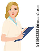 Stock vector illustration of a blonde woman portrait of a doctor with a tablet in hands