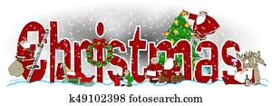 The word Christmas with illustrations of Santa and Mrs. Claus, an elf, reindeer and a tree The word Christmas with illustrations of Santa and Mrs. Claus, an elf, reindeer and a tree