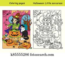 לצבוע, עם, צבע, דוגמה, מכשפה, עם, חתול