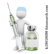 3d, branca, pessoas., enfermeira, com, um, siringa, e, vacina