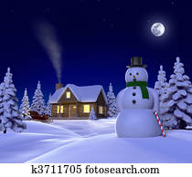 a, חג המולד, טאמאד, השלג, cene, להראות, snowman,, תא, ו, השלג, sleigh, בלילה