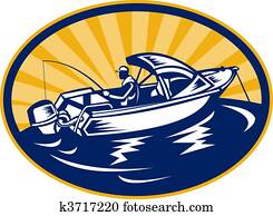 fisherman with fishing rod on boat set inside an ellipse fisherman with fishing rod on boat set inside an ellipse