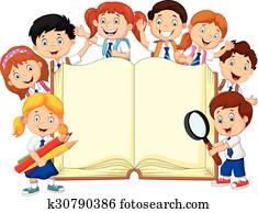 karikatúra, iskolások, noha, könyv