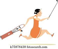 Smiling golfer woman runs to play golf illustration Smiling golfer woman runs to play golf illustration