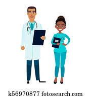 spotprent, afrikaanse amerikaan, arts, en, nurse., vrolijke, afrikaans mannetje, arts, met, tablet, en, female, assistent