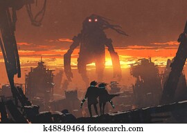 קשר, עם, אקדח, להסתכל ב, ענקי, רובוט