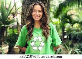 environmental activist  in the forest wearing recycle t-shirt