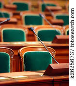 leerer, altmodisch, kongress, halle, mit, sitze, und, microphones.