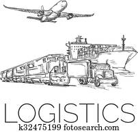 Logistics sign with plane, truck, container ship and train Logistics sign with plane, truck, container ship and train