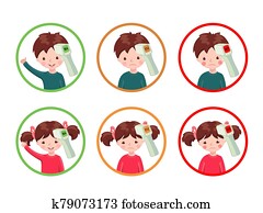 Set of icons with healthy and sick girls and boys with contactless infrared thermometer wich shows temperature. Set of icons with healthy and sick girls and boys with contactless infrared thermometer wich shows temperature.