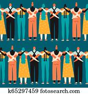 Women of different nationalities, religions and ethnicity standing for their rights seamless pattern.