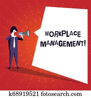Writing note showing Workplace Management. Business photo showcasing organizing things surrounding you in your working space Businessman Shouting on Megaphone and White Speech Bubble.