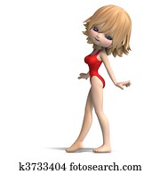 beautiful cartoon girl in a onepiece swimsuit. 3D rendering with clipping path and shadow over white beautiful cartoon girl in a onepiece swimsuit. 3D rendering with clipping path and shadow over white