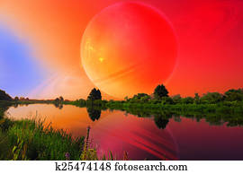 fantástico, paisagem, com, grande, planeta, sobre, tranqüilo, rio