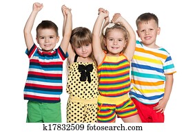groupe, de, quatre, joyeux, enfants