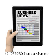 3d, hand, und, geschaefts, zeitung, auf, tablette