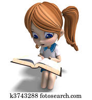 cute little cartoon school girl reads a book. 3D rendering with clipping path and shadow over white