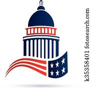 edificio capitolio, logotipo, con, norteamericano, flag., vector, diseño