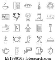 Furnished rooms icons set, outline style Furnished rooms icons set, outline style