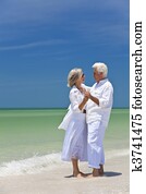 Happy Senior Couple Dancing Holding Hands on A Tropical Beach