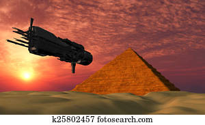 UFO Spaceship Flying towards a Pyramid - Fantasy Alien Illustrations UFO Spaceship Flying towards a Pyramid - Fantasy Alien Illustrations