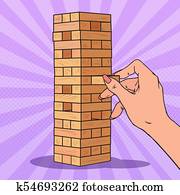 arte pnf, mão feminina, puxa, saída, bloco madeira, em, tabela, game., vetorial, ilustração