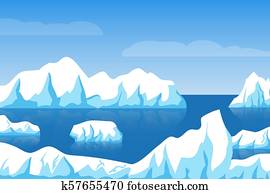 Cartoon winter polar arctic or antarctic ice landscape with iceberg in sea vector illustration Cartoon winter polar arctic or antarctic ice landscape with iceberg in sea vector illustration