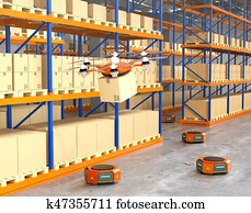 Drone and orange robots in modern warehouse Drone and orange robots in modern warehouse