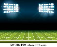 futebol americano, campo, com, estádio, luzes