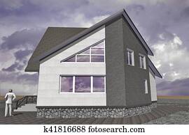 Klein, traditionelle, blau, hütte, badezimmer, mit, a ...