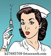 Retro nurse gives an injection syringe medicine health Retro nurse gives an injection syringe medicine health
