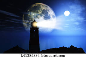 3d, landscape, met, vuurtoren, tegen, maan